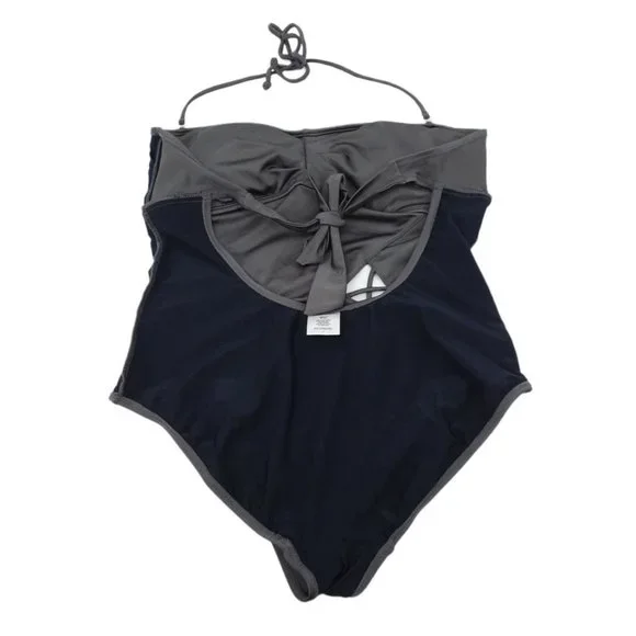 Y2K apostrophe Metallic Gray Cutout Halter Convertible Swimsuit Size L Backless - Picture 7 of 9